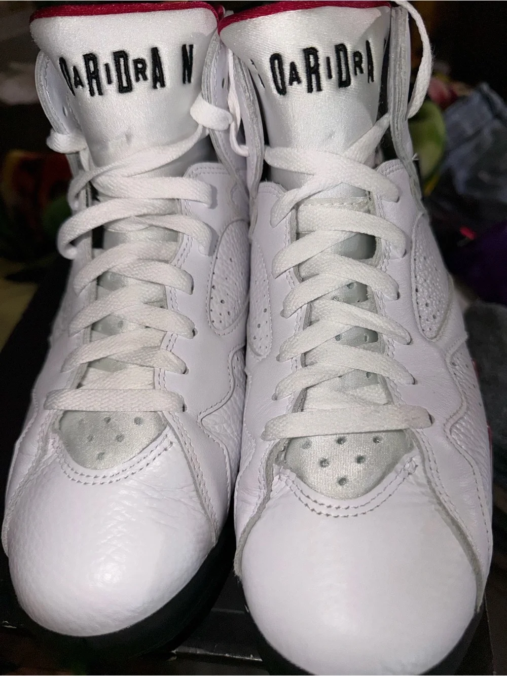Jordan Men 7 Retro White and Black High-Top Sneakers with Red Trim